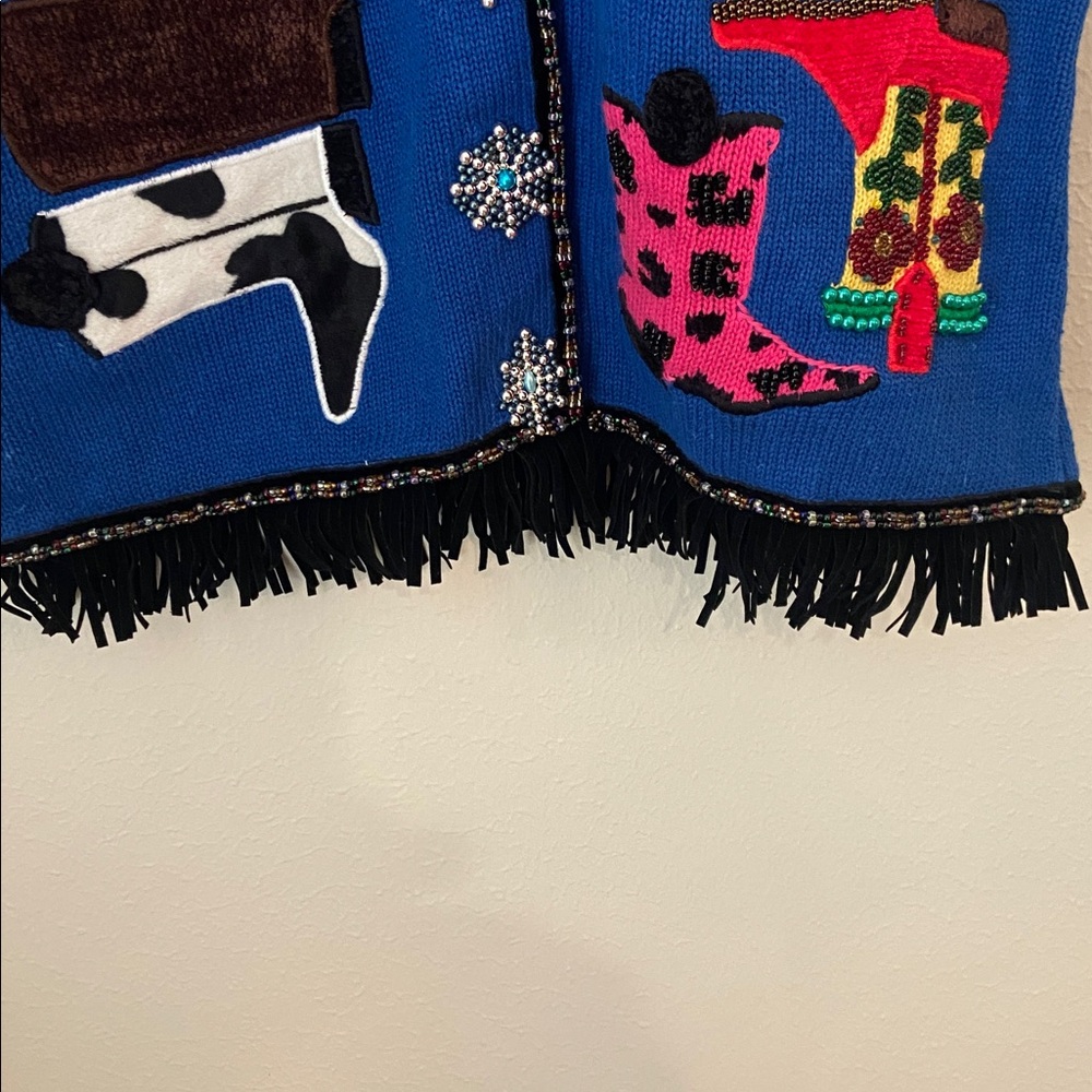 Vintage 90s Berek Western Boot Appliqué Sweater Vest w/ Beads & Fringe (Rare!) - Picture 2 of 5